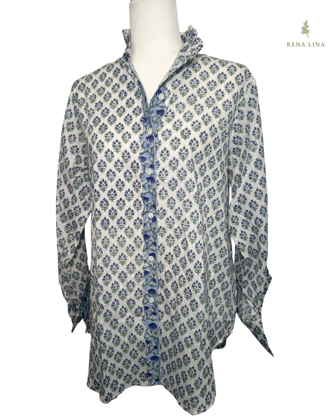 Blue & Green Small Floral Block Print Ruffle Collared Button Down Blouse - Women's