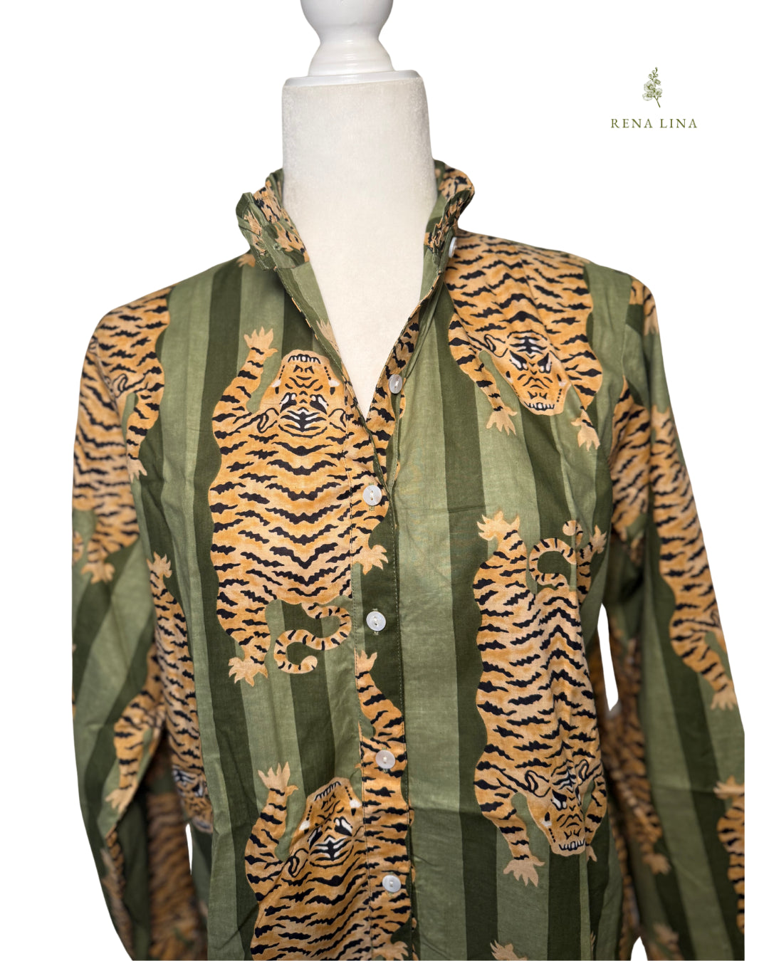 Olive Green Stripe Tiger Printed Ruffle Collared Button Down Blouse - Women's