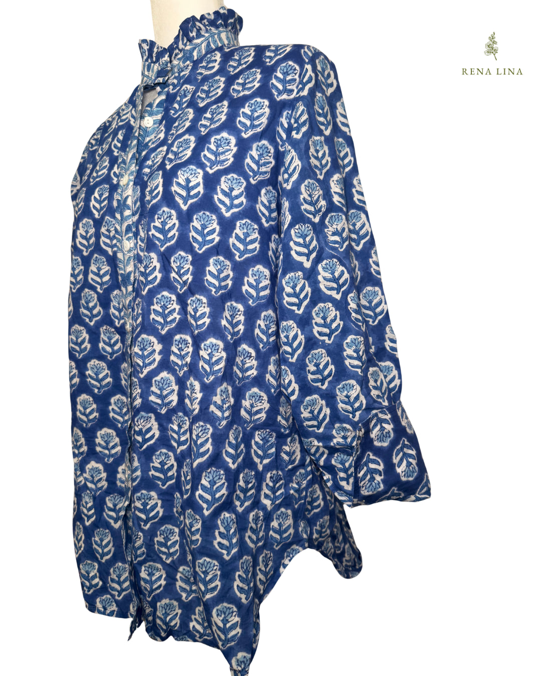 Blue & White Small Floral Block Print Ruffle Collared Button Down Blouse - Women's