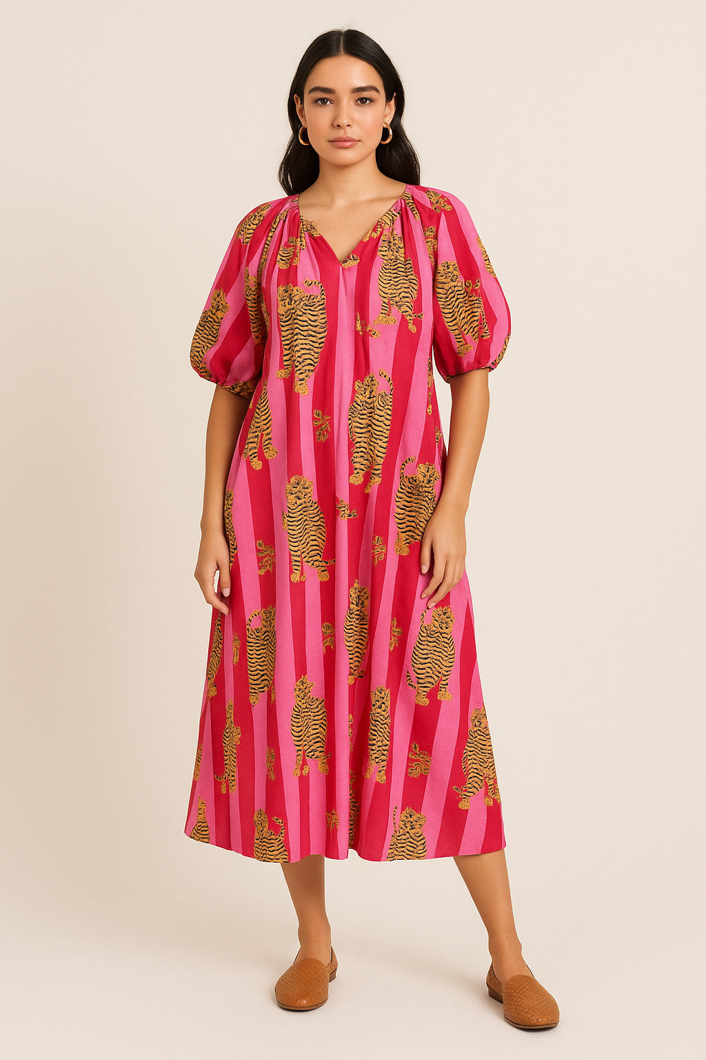 Pink Stripped Tiger House Dress, Maxi with Pockets