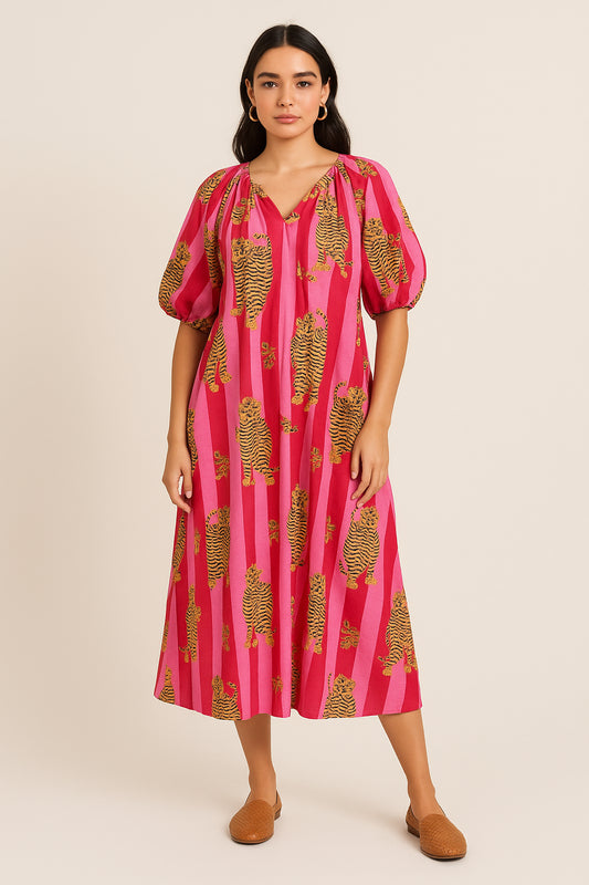 Pink Stripped Tiger House Dress, Maxi with Pockets