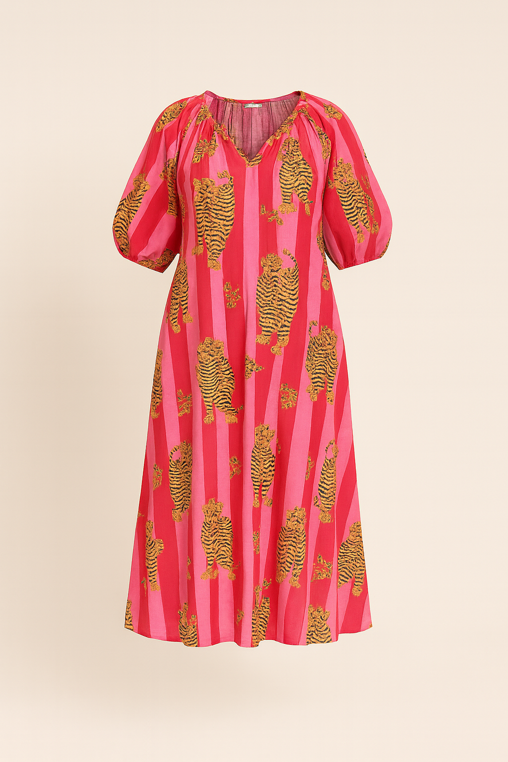Pink Stripped Tiger House Dress, Maxi with Pockets