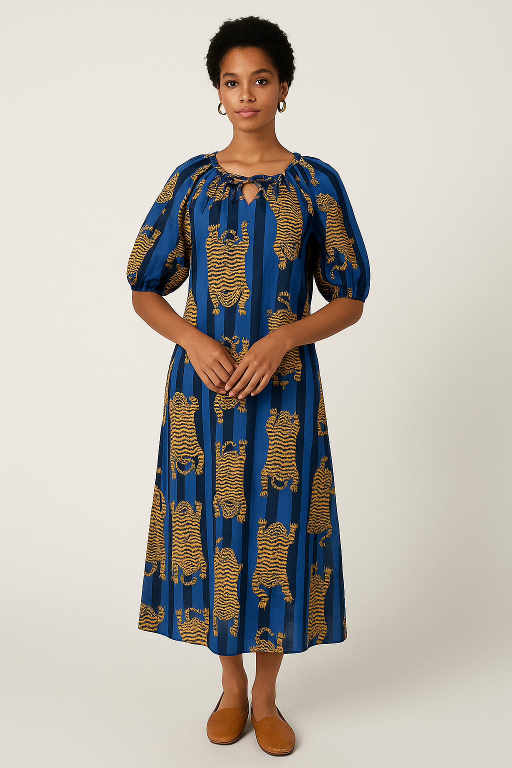 Blue Stripped Tiger House Dress, Maxi with Pockets