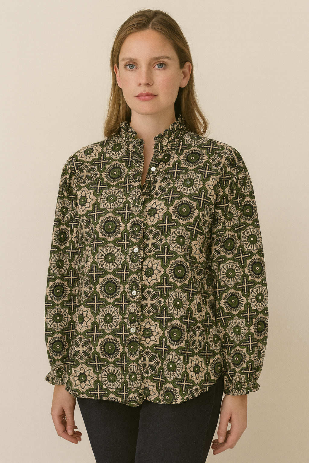 Green Geo Printed Ruffle Collared  Button Down Blouse - Women's