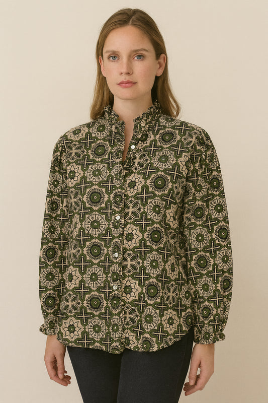 Green Geo Printed Ruffle Collared  Button Down Blouse - Women's