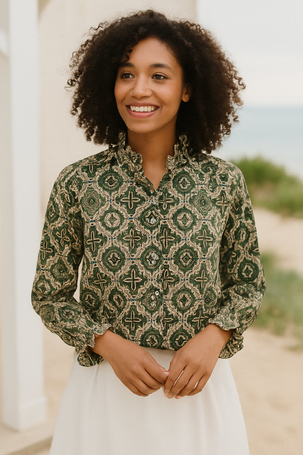 Green Geo Printed Ruffle Collared  Button Down Blouse - Women's