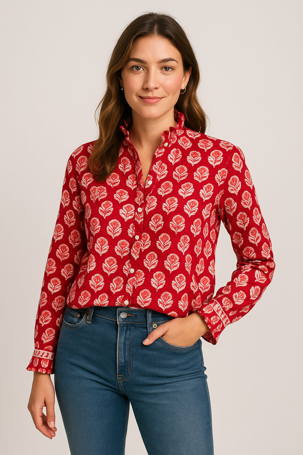 Pink & Red Small Floral Block Print Ruffle Collared  Button Down Blouse - Women's