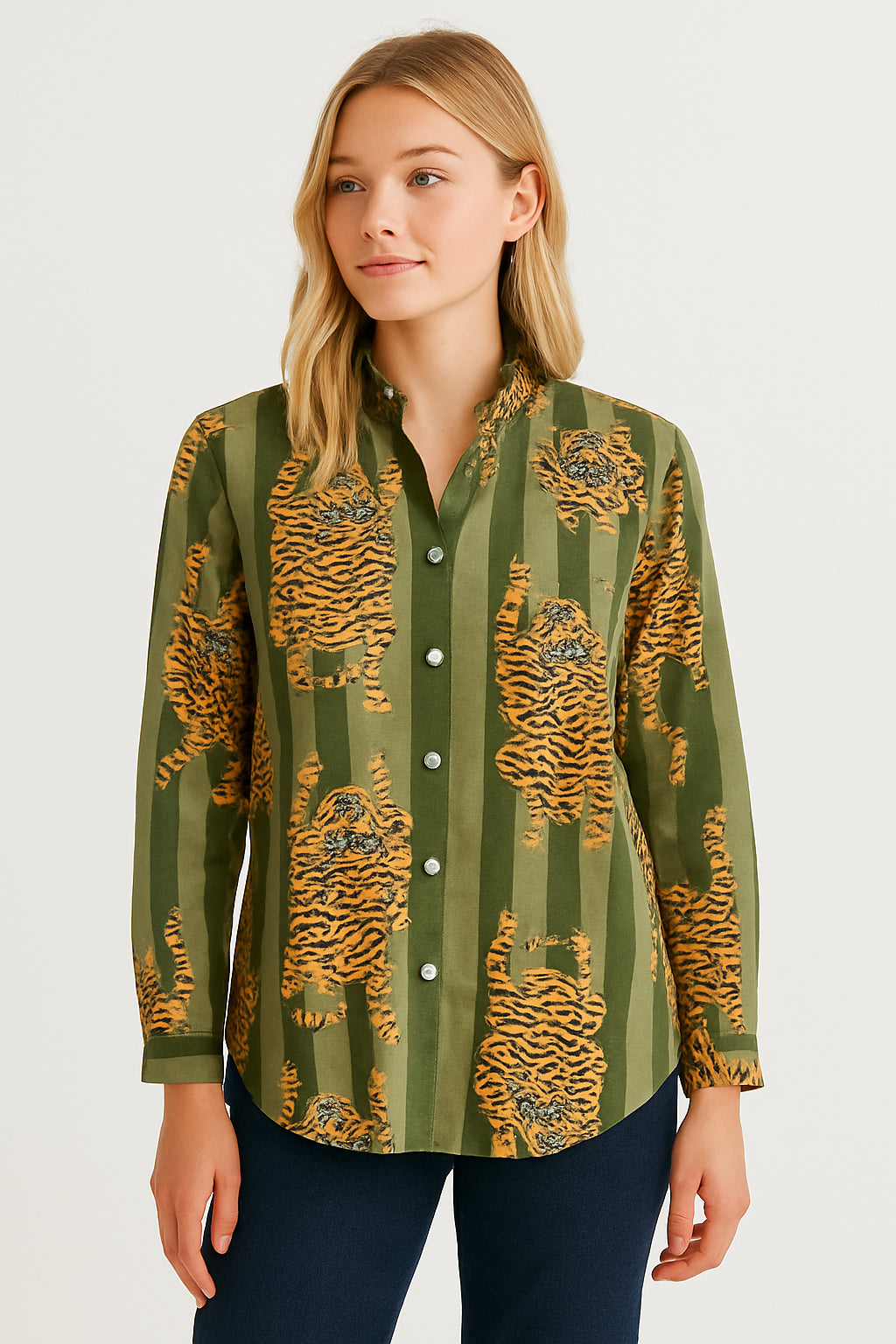Olive Green Stripe Tiger Printed Ruffle Collared  Button Down Blouse - Women's