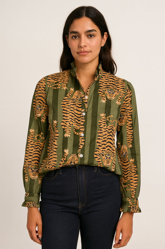 Olive Green Stripe Tiger Printed Ruffle Collared  Button Down Blouse - Women's