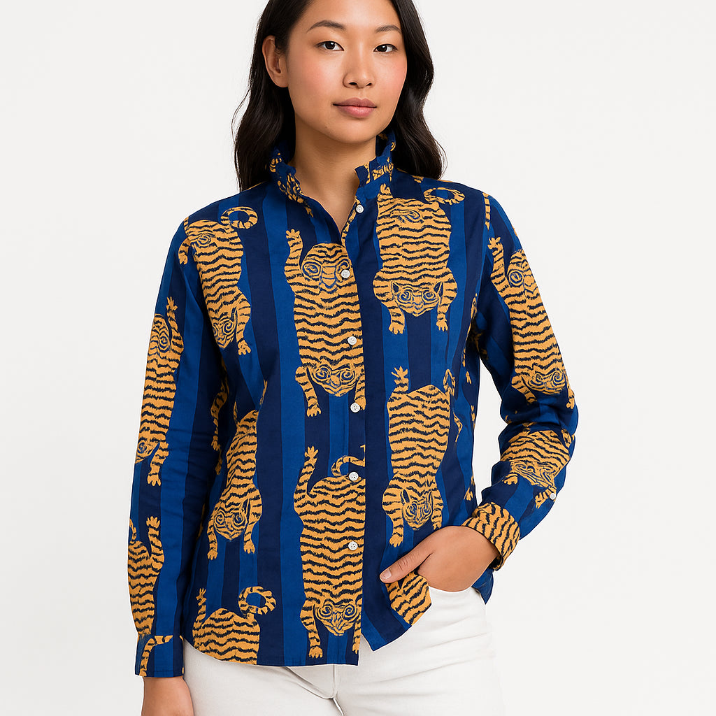 Blue Tiger Printed Ruffle Collared  Button Down Blouse - Women's