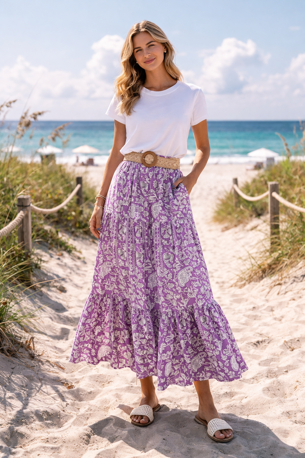 PRE - ORDER ~ Purple Lilac Floral Block Print Maxi Skirt With Pockets
