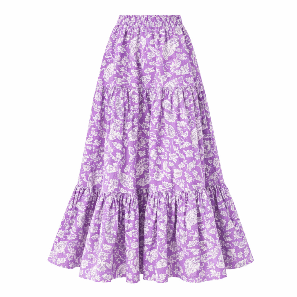 PRE - ORDER ~ Purple Lilac Floral Block Print Maxi Skirt With Pockets