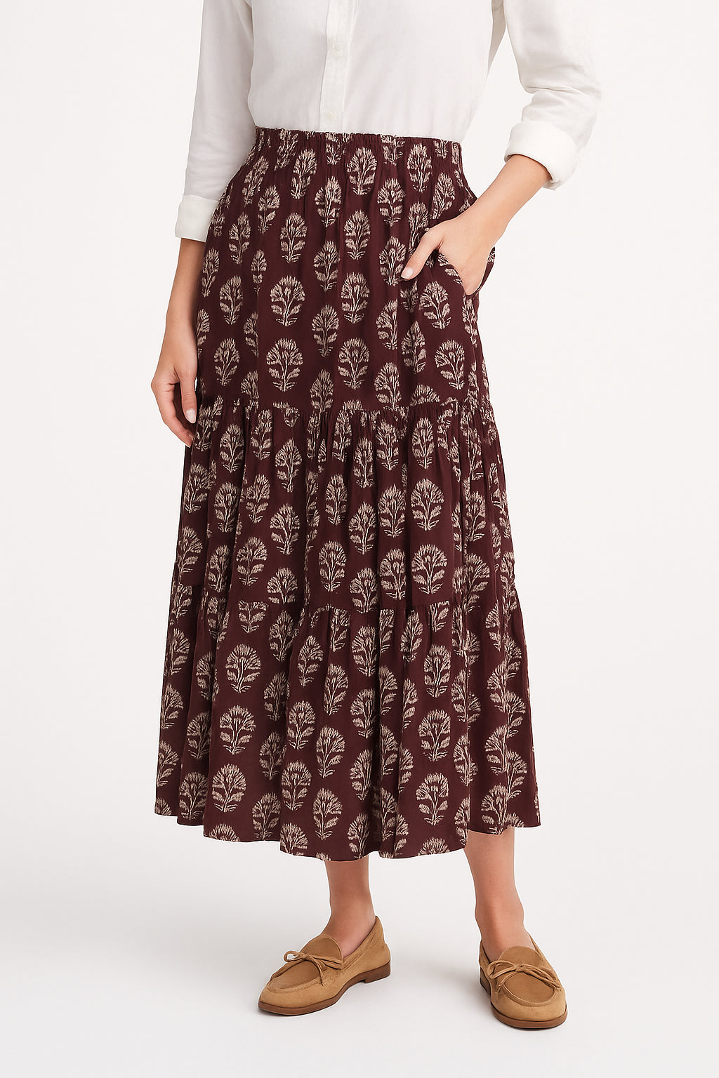 Brown Three Tier Maxi Skirt With Pockets and Adjustable Waist - Block Print Floral