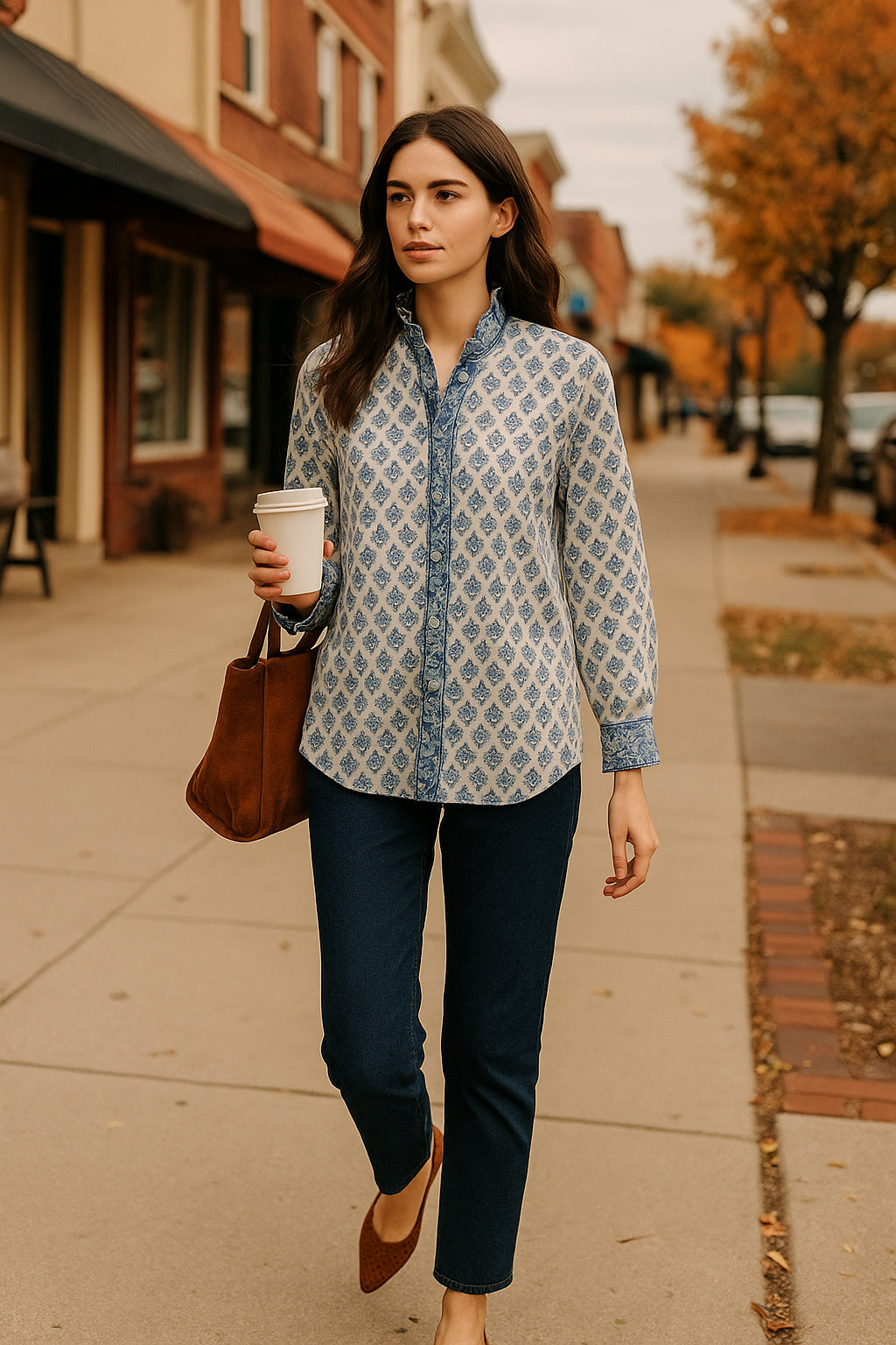 Blue & Green Small Floral Block Print Ruffle Collared  Button Down Blouse - Women's