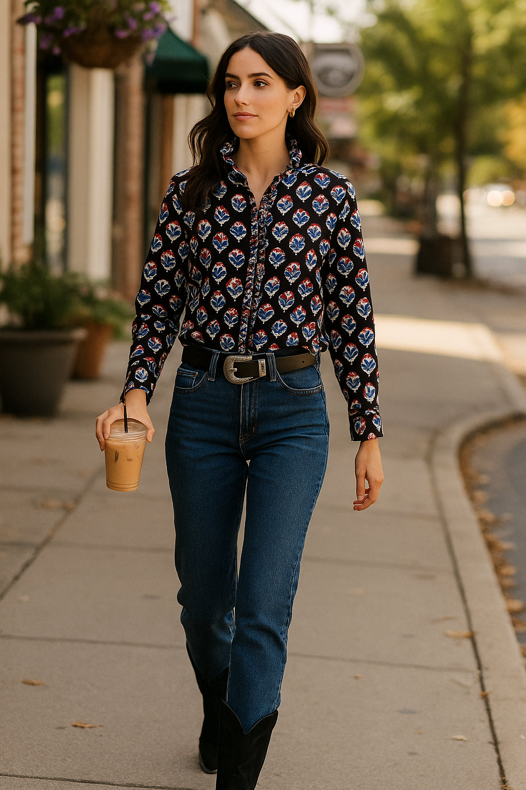 Black, Red & Blue Small Floral Block Print Cotton Blouse with Ruffle Collar