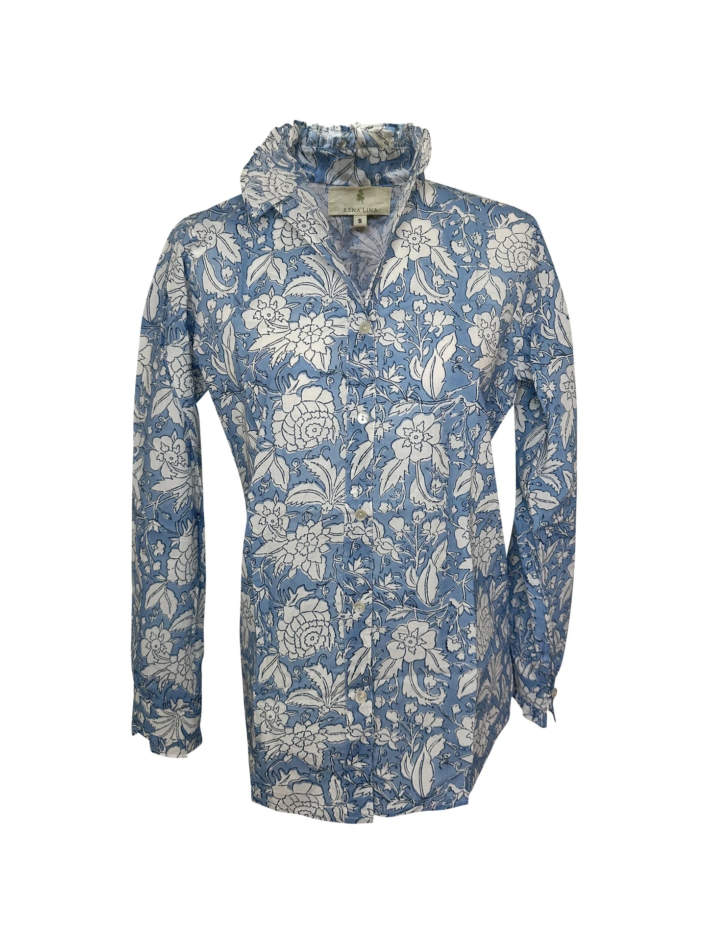 Blue & White Floral Block Print Women's Button Up Ruffled Collared Blouse