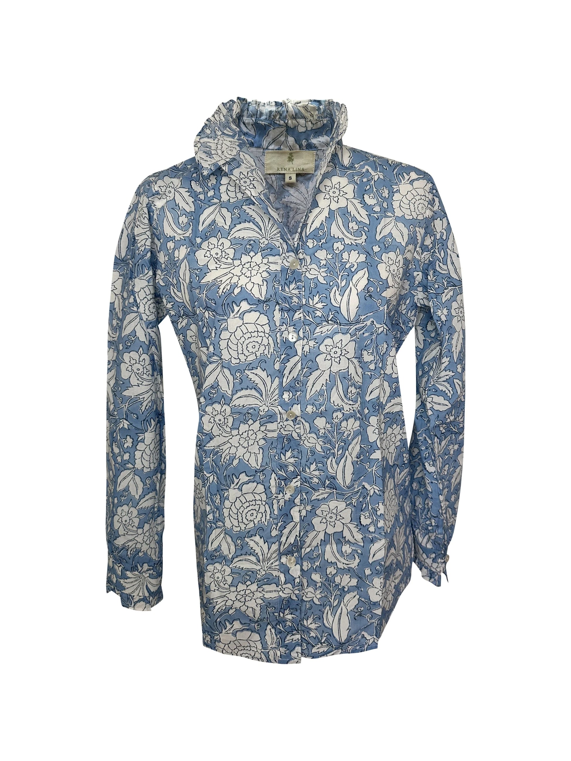 Blue & White Floral Block Print Women's Button Up Ruffled Collared Blouse