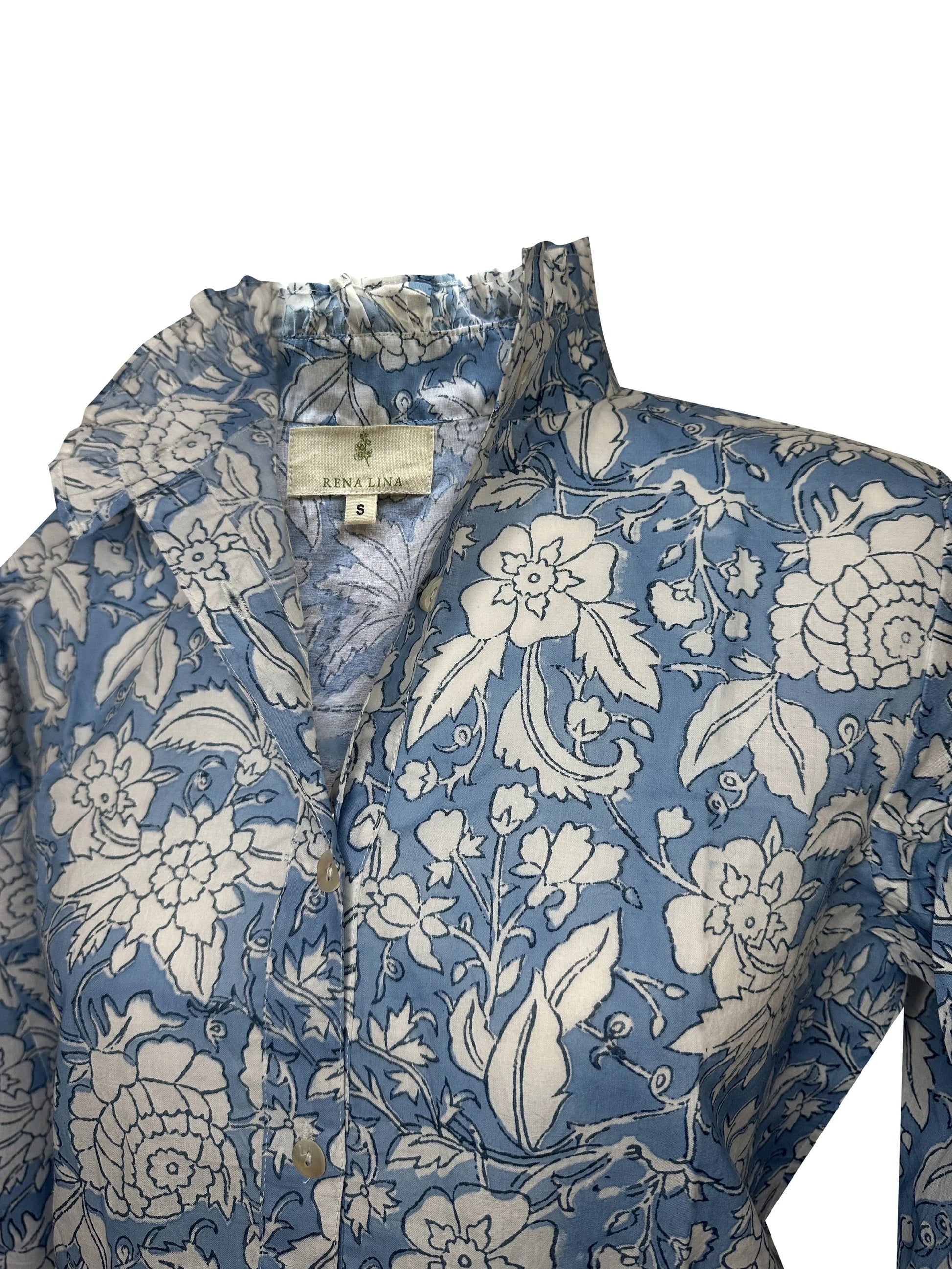 Blue & White Floral Block Print Women's Button Up Ruffled Collared Blouse