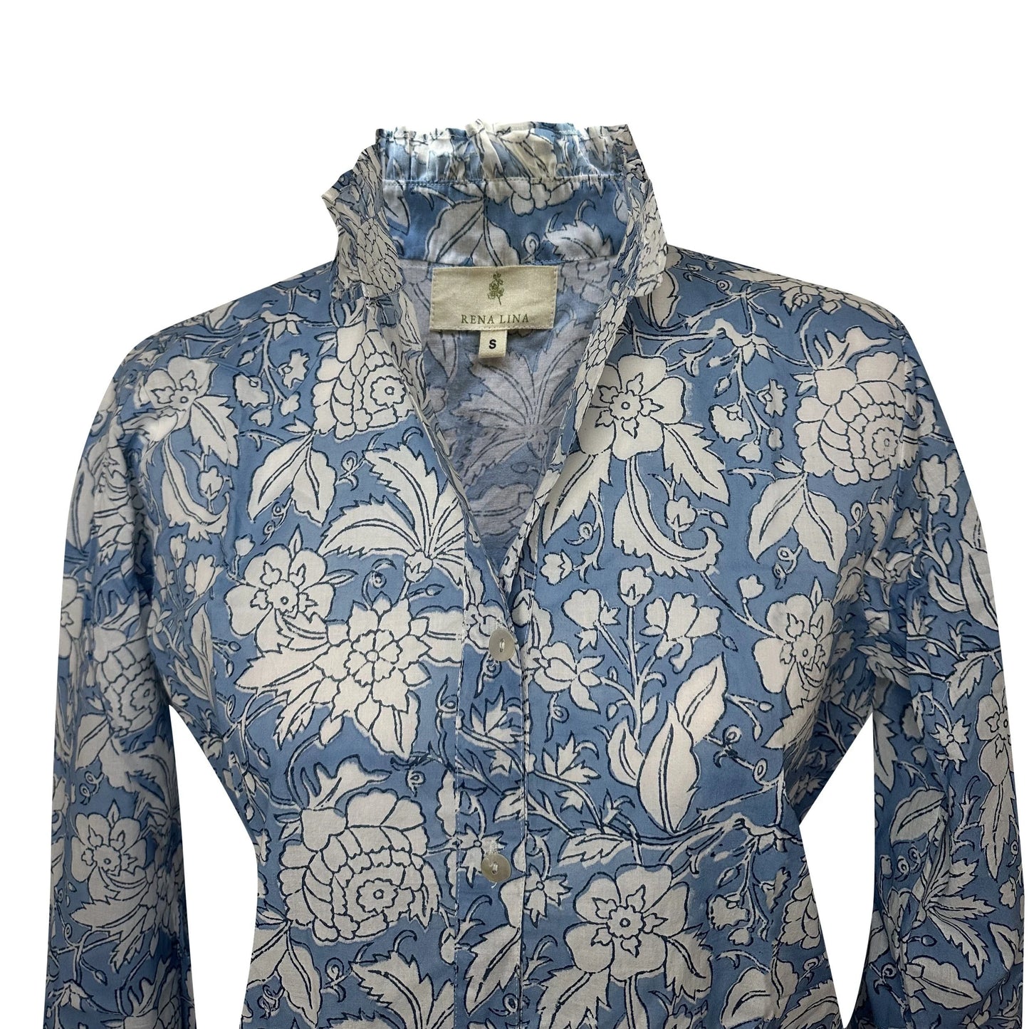 Blue & White Floral Block Print Women's Button Up Ruffled Collared Blouse