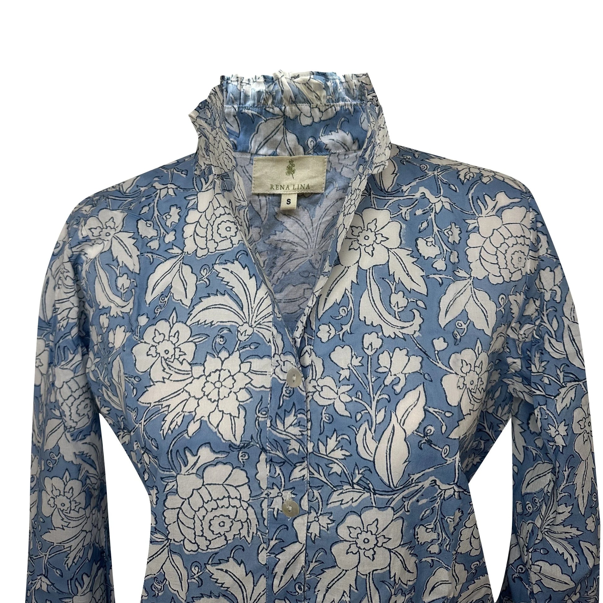 Blue & White Floral Block Print Women's Button Up Ruffled Collared Blouse