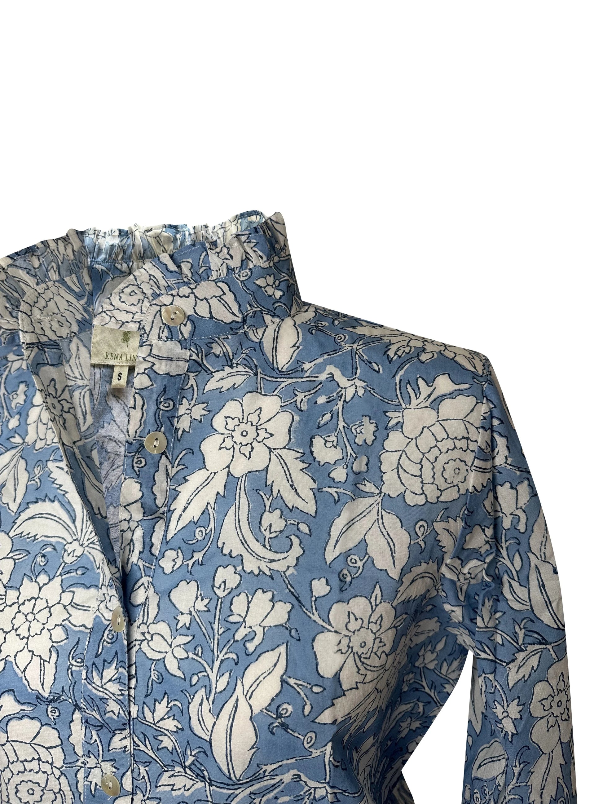 Blue & White Floral Block Print Women's Button Up Ruffled Collared Blouse