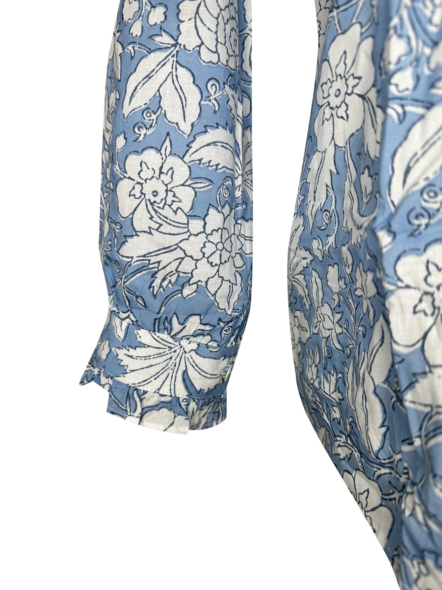Blue & White Floral Block Print Women's Button Up Ruffled Collared Blouse