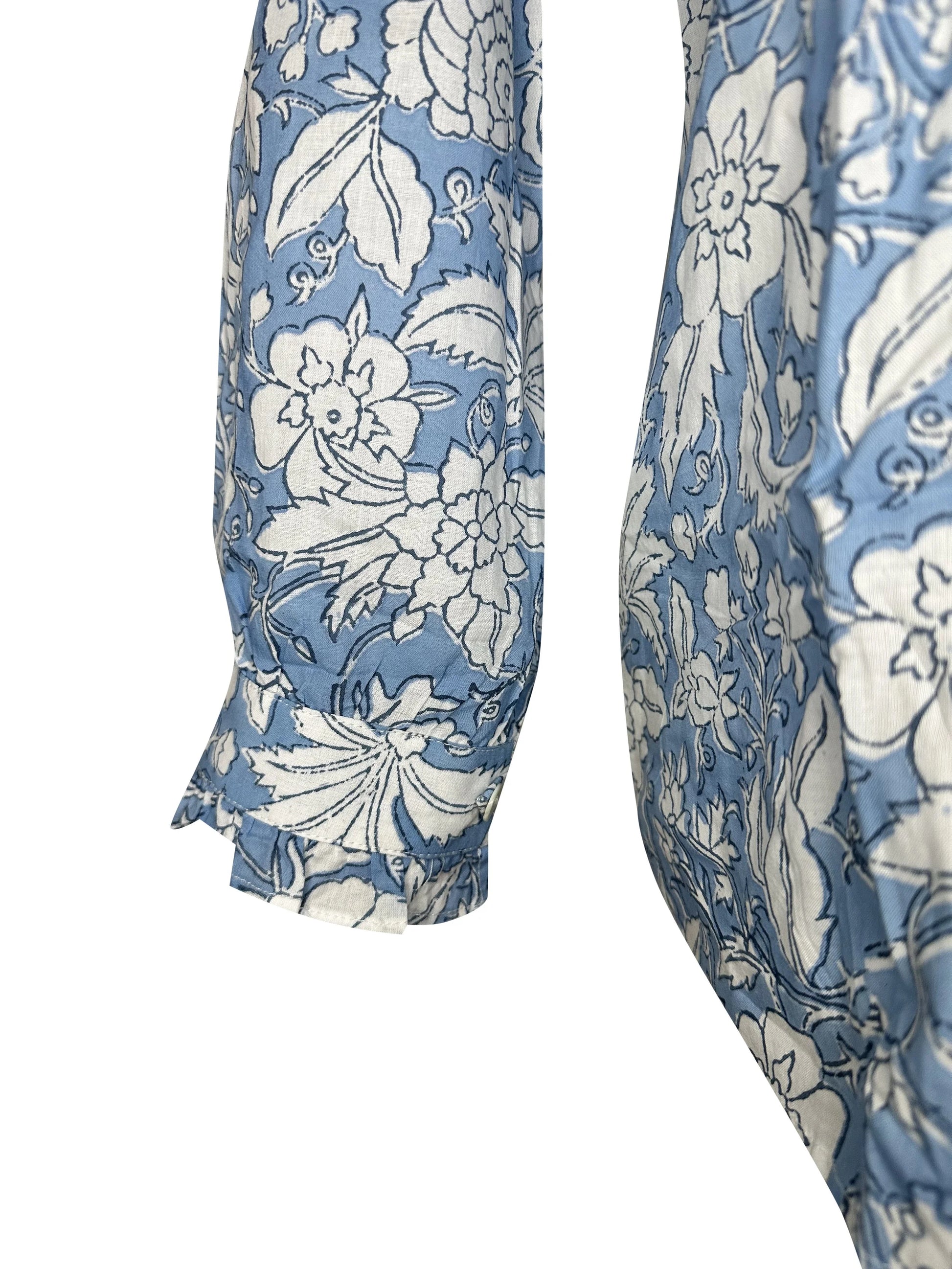 Blue & White Floral Block Print Women's Button Up Ruffled Collared Blouse