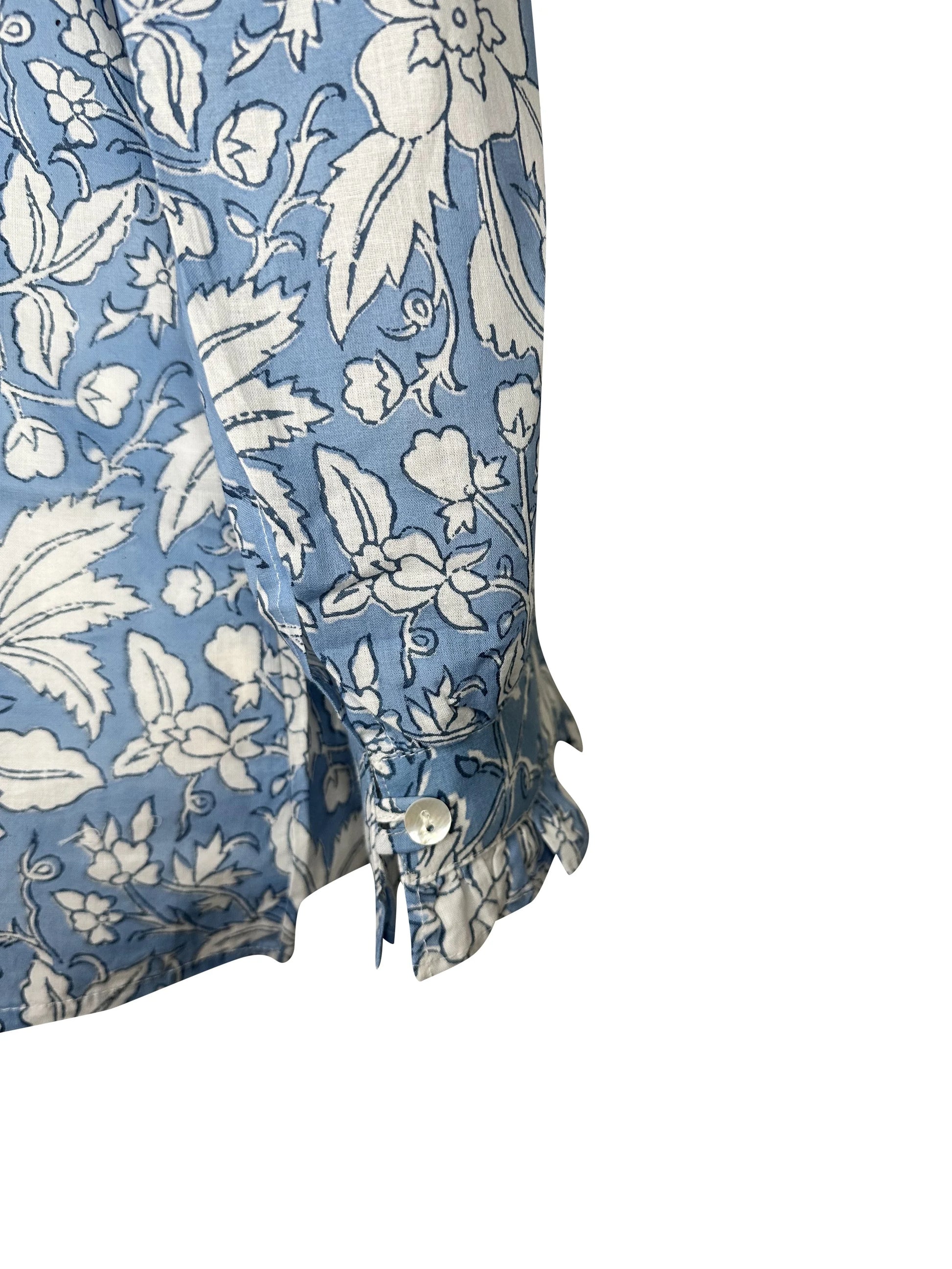 Blue & White Floral Block Print Women's Button Up Ruffled Collared Blouse
