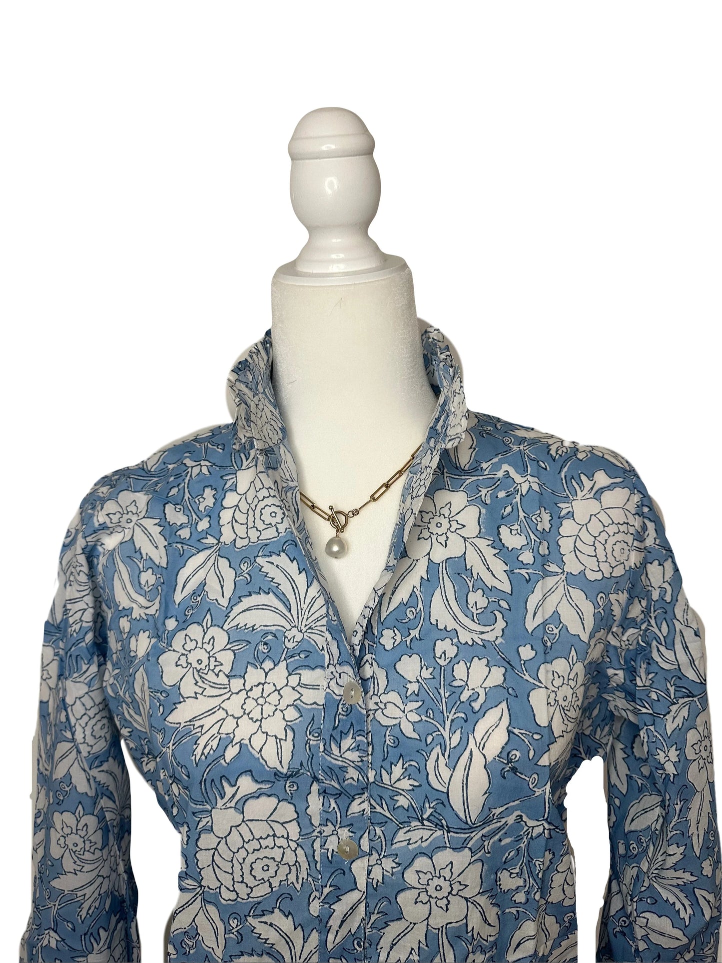 Blue & White Floral Block Print Women's Button Up Ruffled Collared Blouse