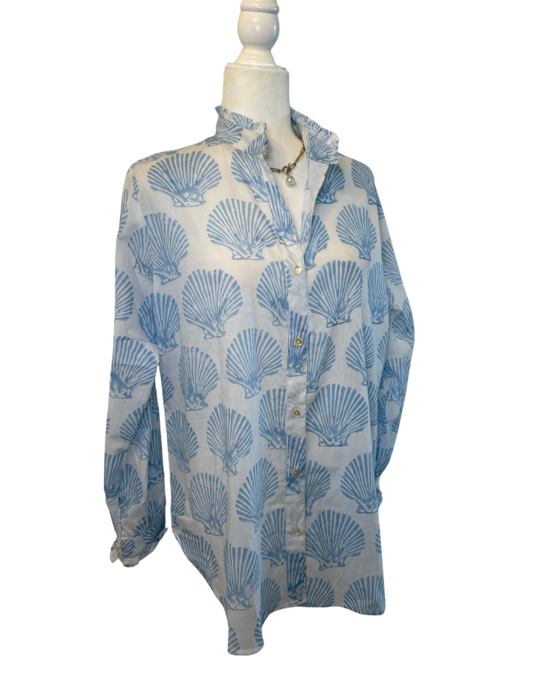 Baby Blue Seashell Block Print Women's Button Up Ruffled Collared Blouse