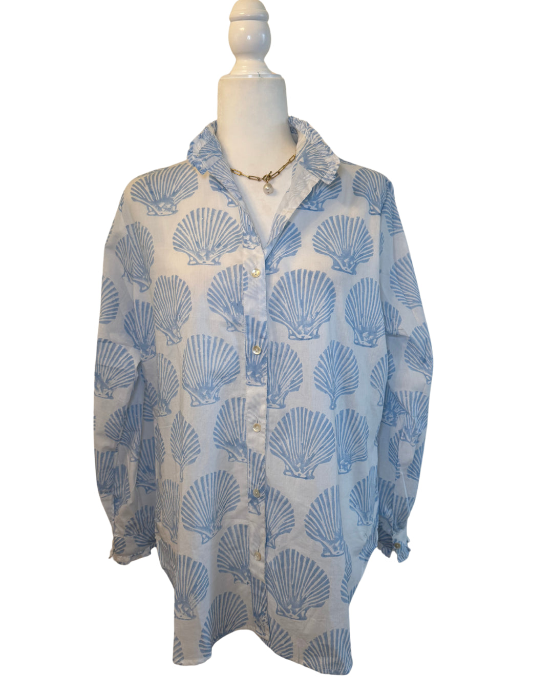 Baby Blue Seashell Block Print Women's Button Up Ruffled Collared Blouse