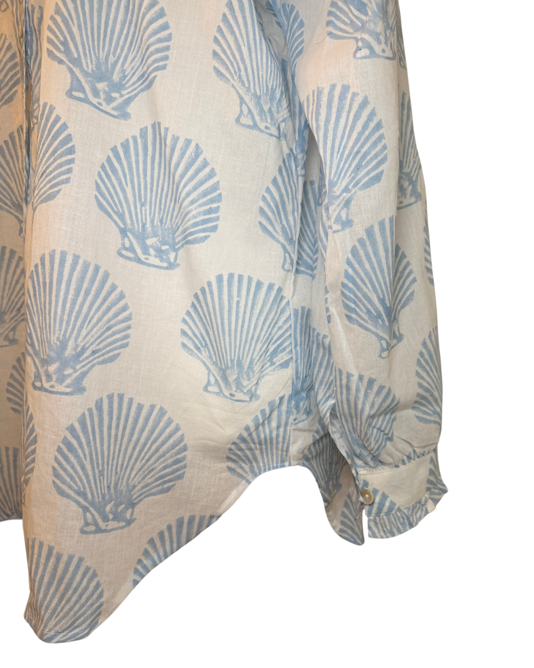 Baby Blue Seashell Block Print Women's Button Up Ruffled Collared Blouse