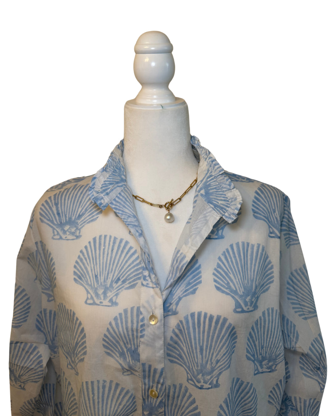Baby Blue Seashell Block Print Women's Button Up Ruffled Collared Blouse