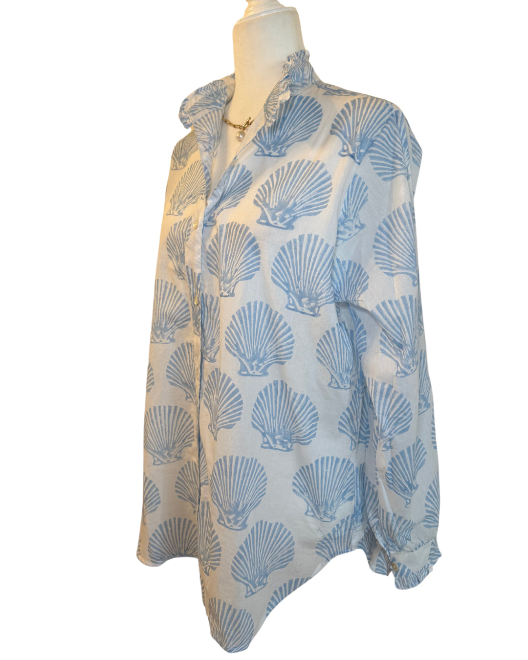 Baby Blue Seashell Block Print Women's Button Up Ruffled Collared Blouse