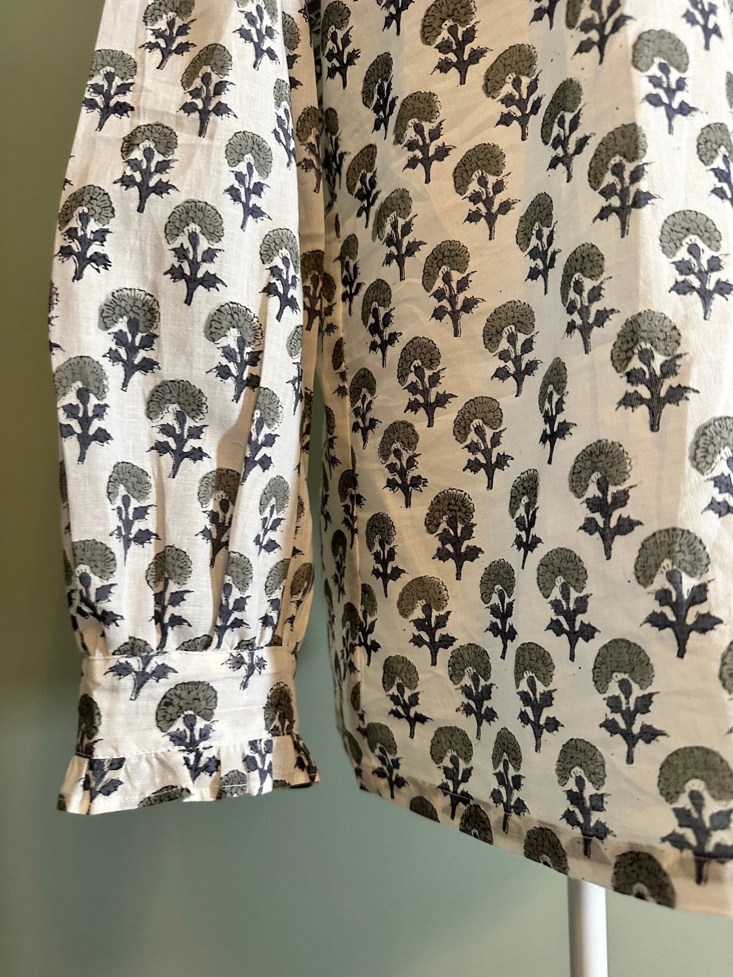Neutral, Blue & Green Unique Women's Floral Block Print Ruffle Collared Button Down Blouse