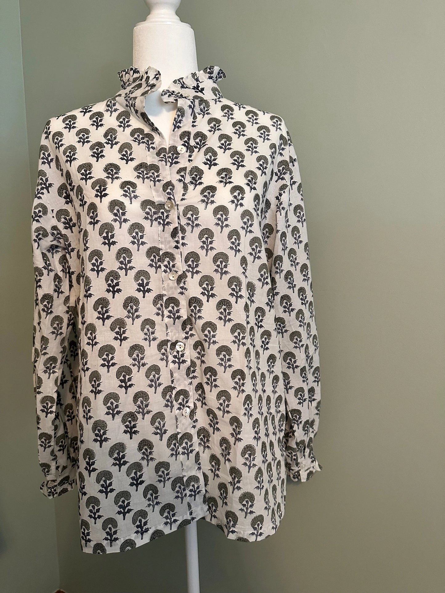 Neutral, Blue & Green Unique Women's Floral Block Print Ruffle Collared Button Down Blouse