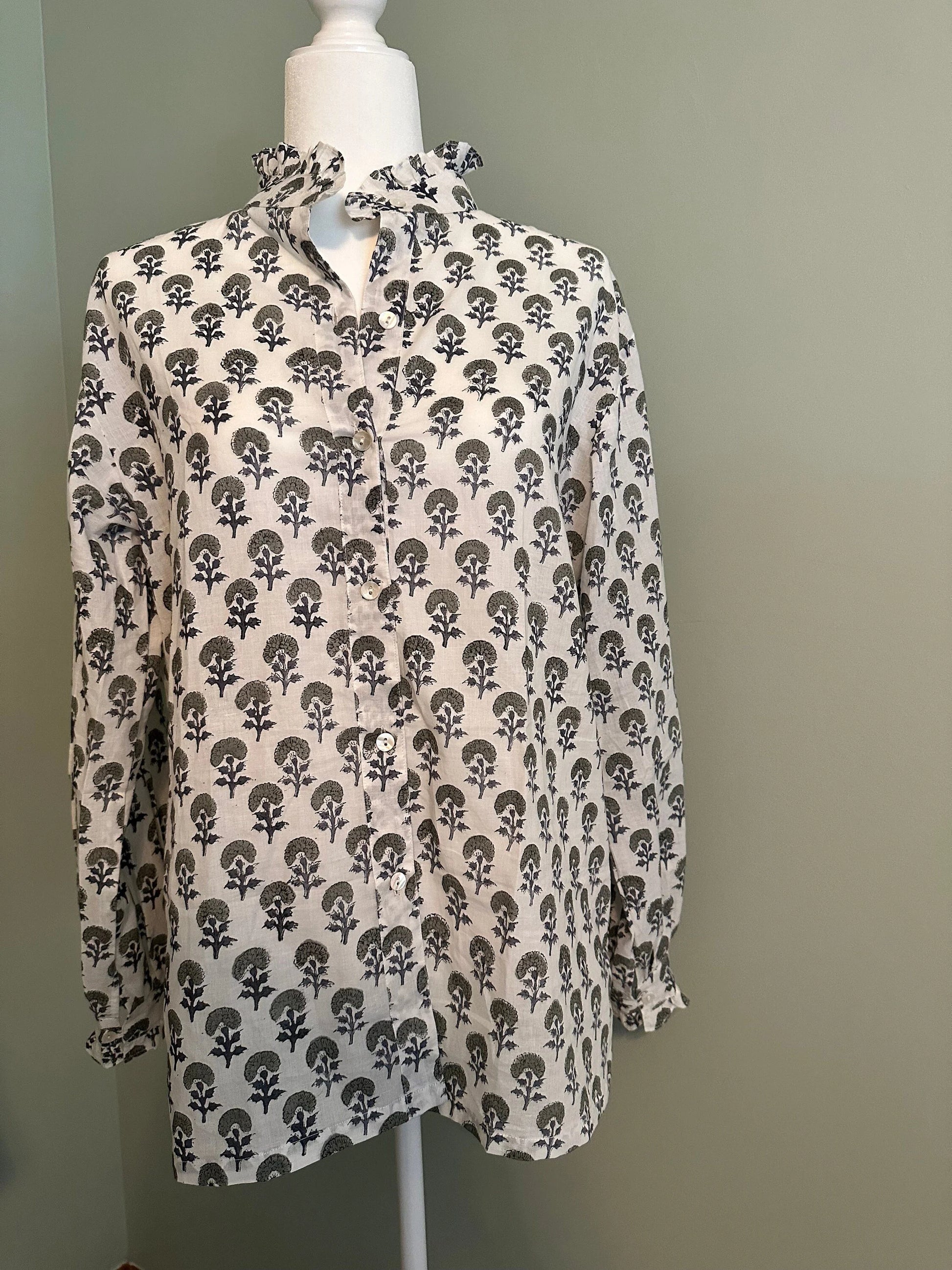 Neutral, Blue & Green Unique Women's Floral Block Print Ruffle Collared Button Down Blouse