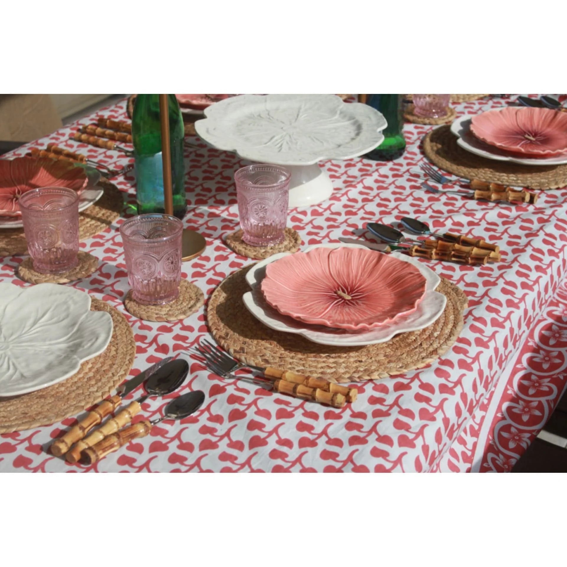 60” x 90” Cotton Pink Floral Block Print Tablecloth