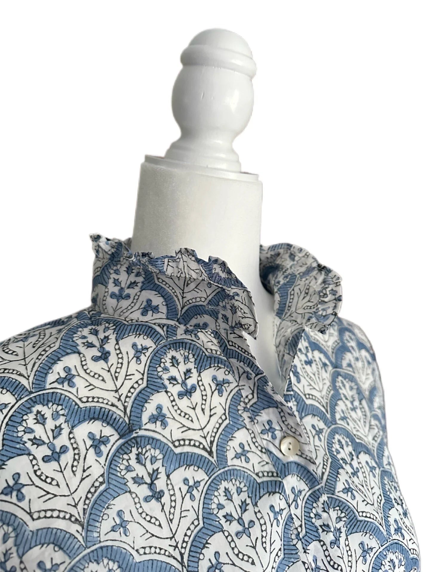 Blue & White Medallion Women's Floral Block Print Ruffle Collared  Button Down Blouse