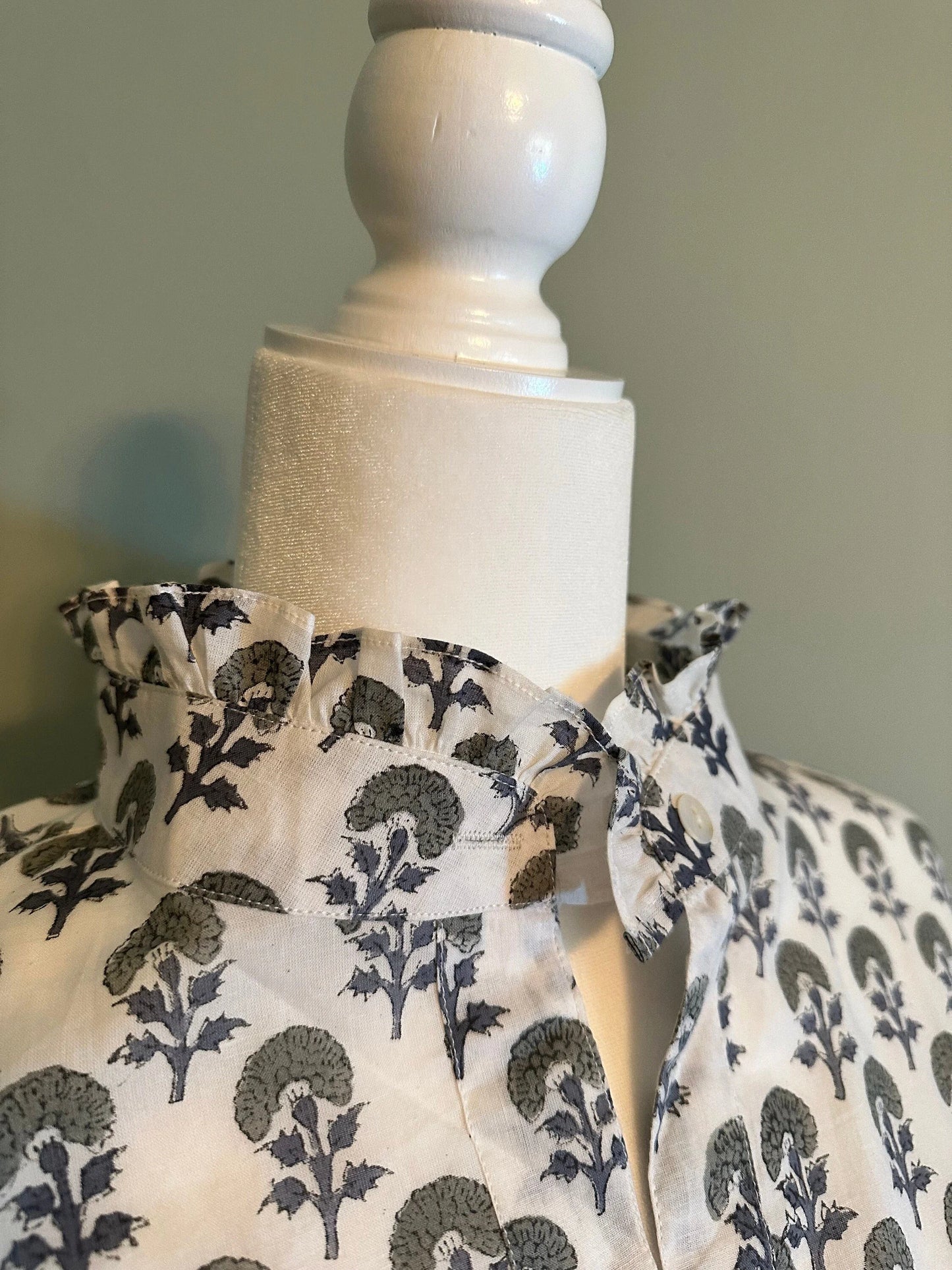 Neutral, Blue & Green Unique Women's Floral Block Print Ruffle Collared Button Down Blouse