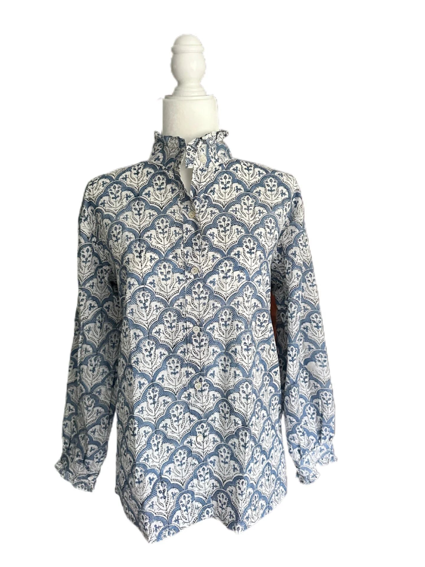 Blue & White Medallion Women's Floral Block Print Ruffle Collared  Button Down Blouse