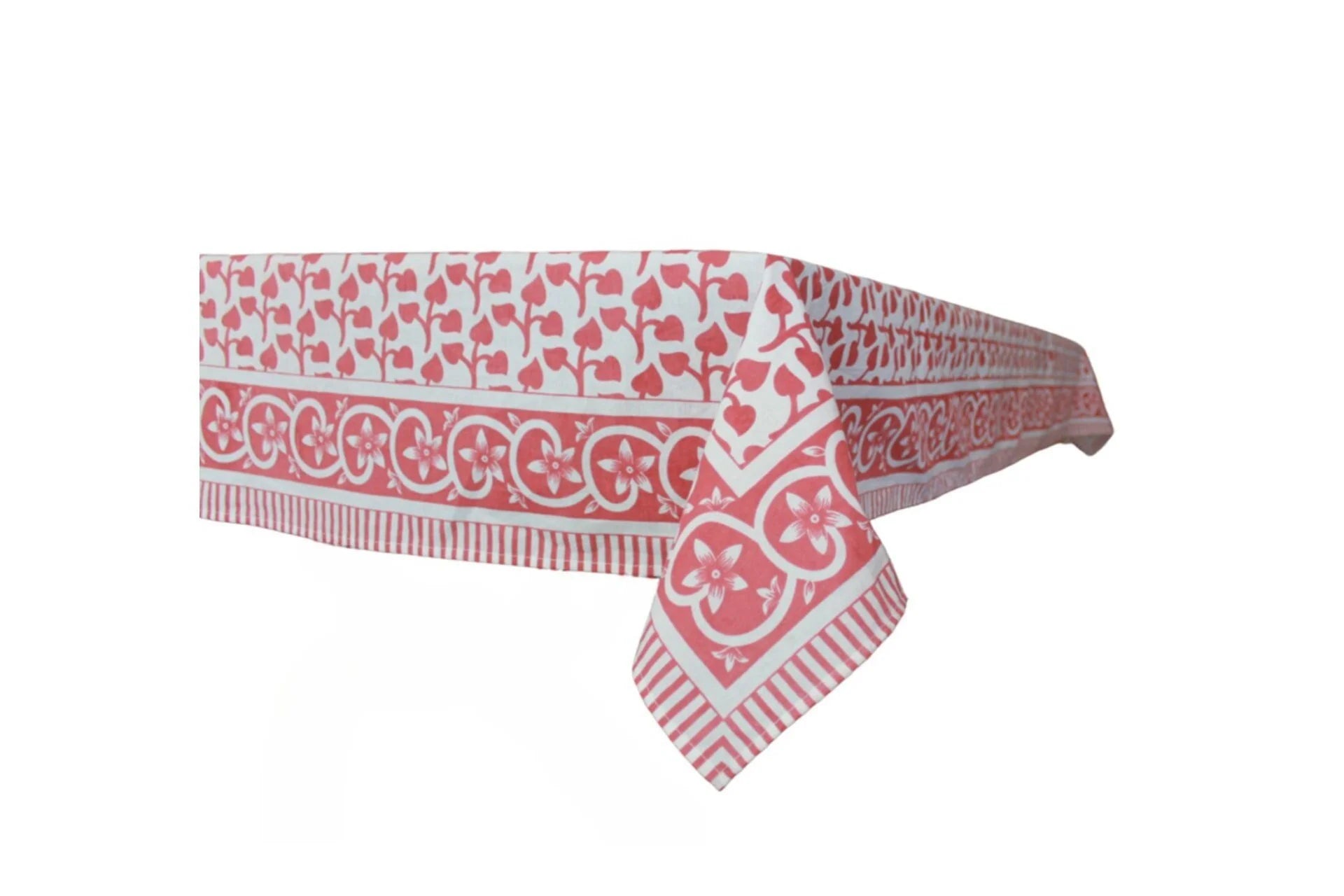 60” x 90” Cotton Pink Floral Block Print Tablecloth