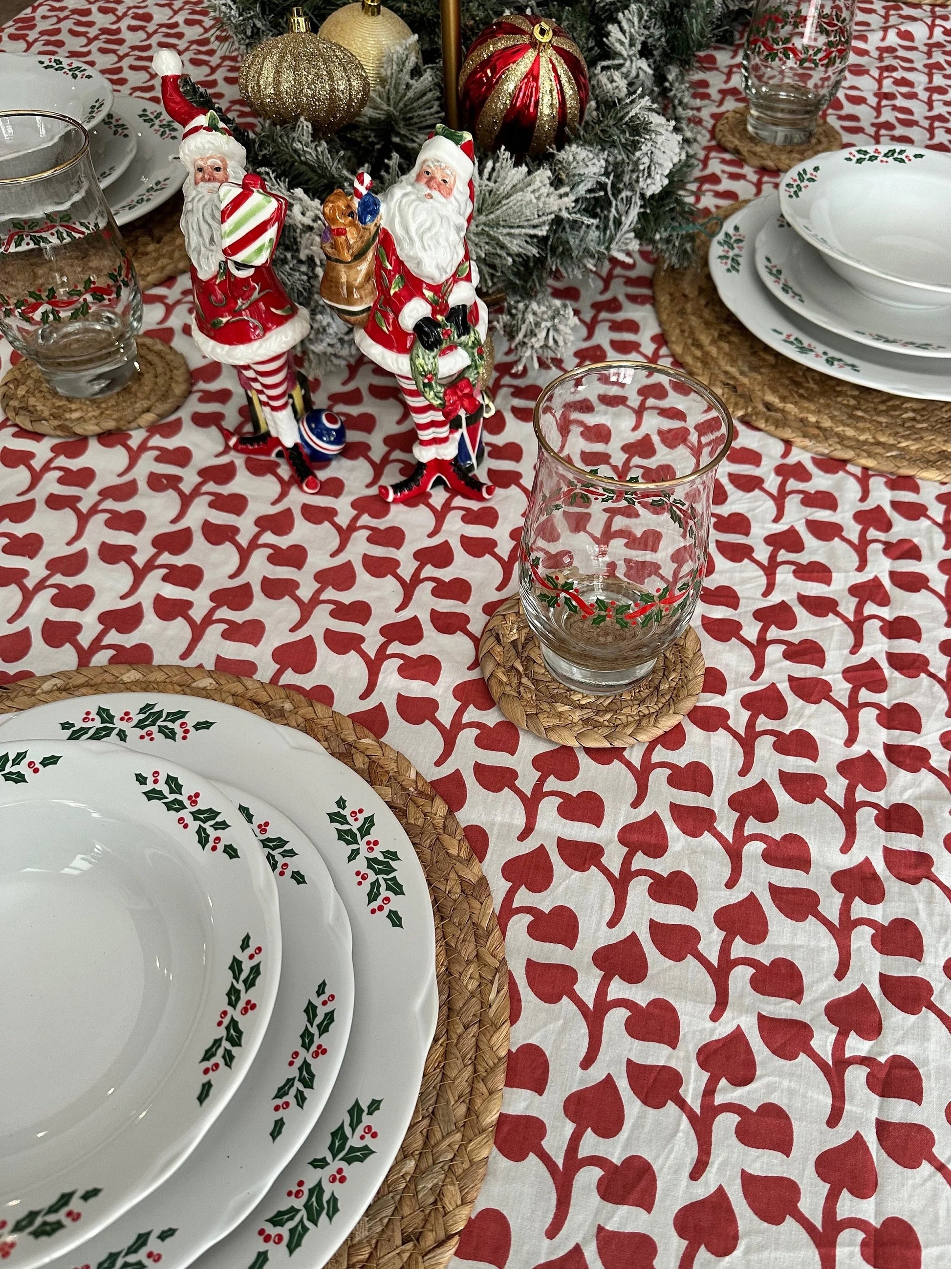60” x 90” Cotton Pink Floral Block Print Tablecloth