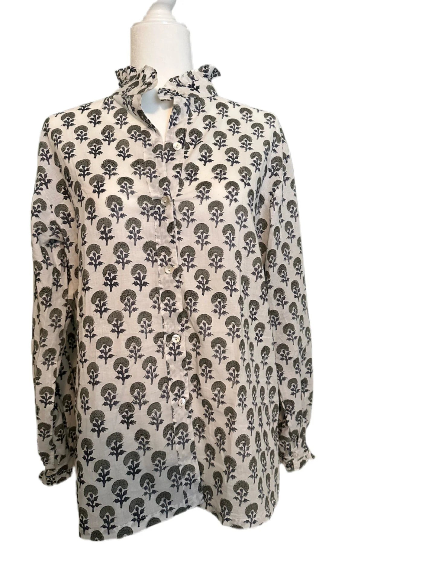 Neutral, Blue & Green Unique Women's Floral Block Print Ruffle Collared Button Down Blouse