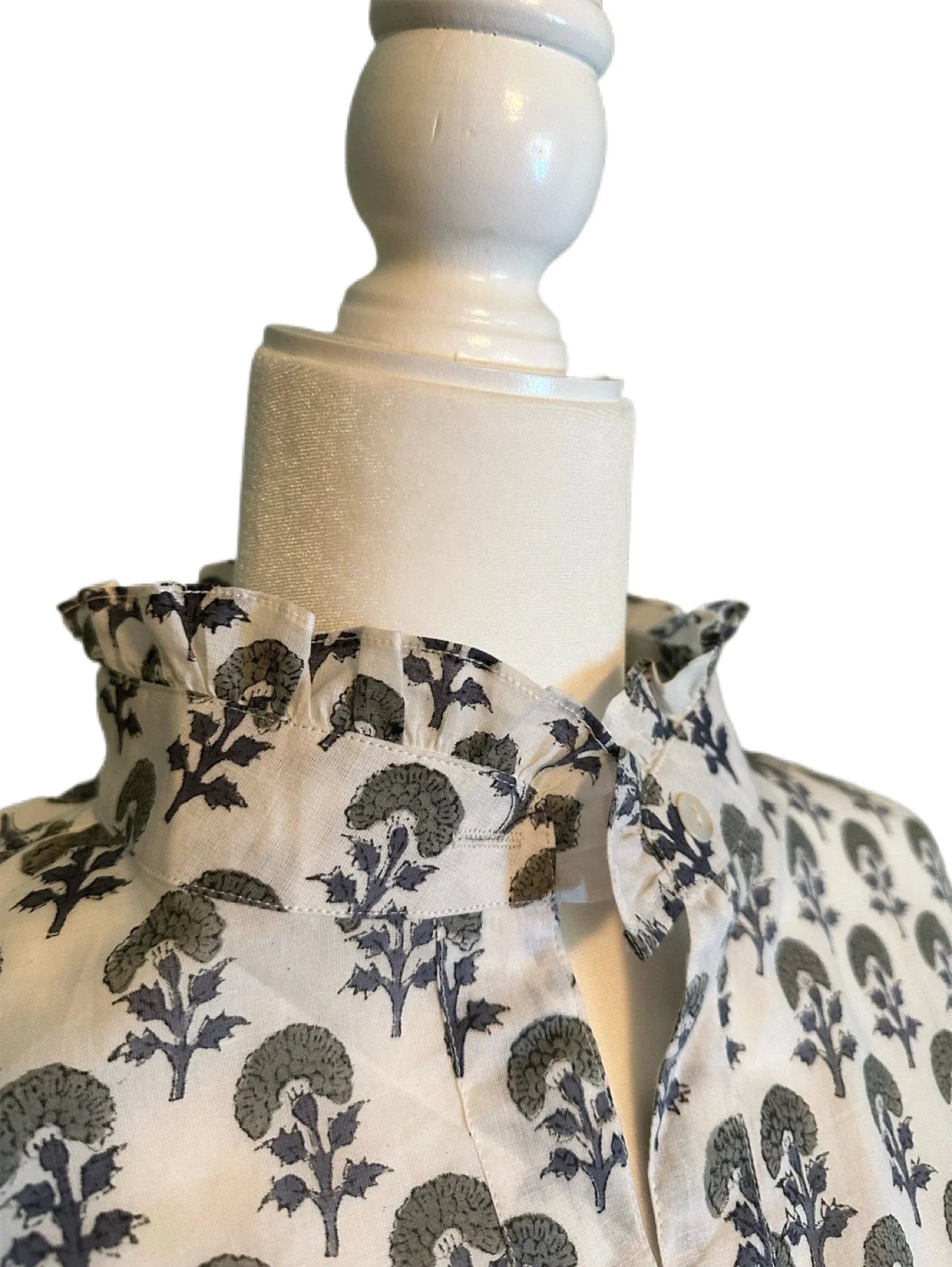 Neutral, Blue & Green Unique Women's Floral Block Print Ruffle Collared Button Down Blouse