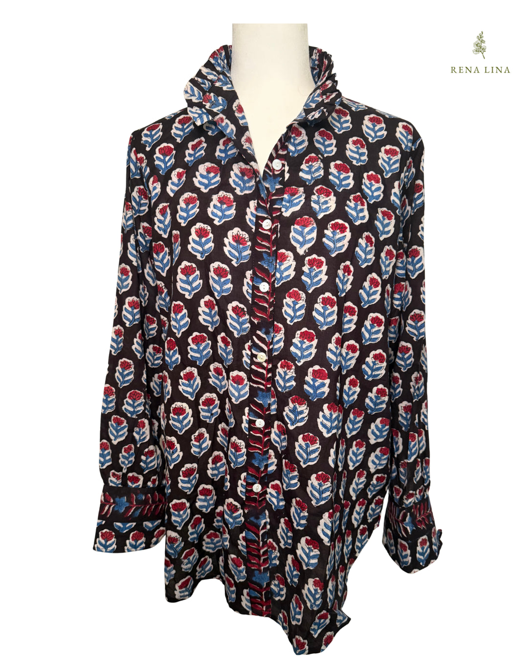Black, Red & Blue Small Floral Block Print Cotton Blouse with Ruffle Collar