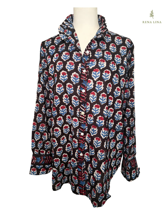 Black, Red & Blue Small Floral Block Print Cotton Blouse with Ruffle Collar