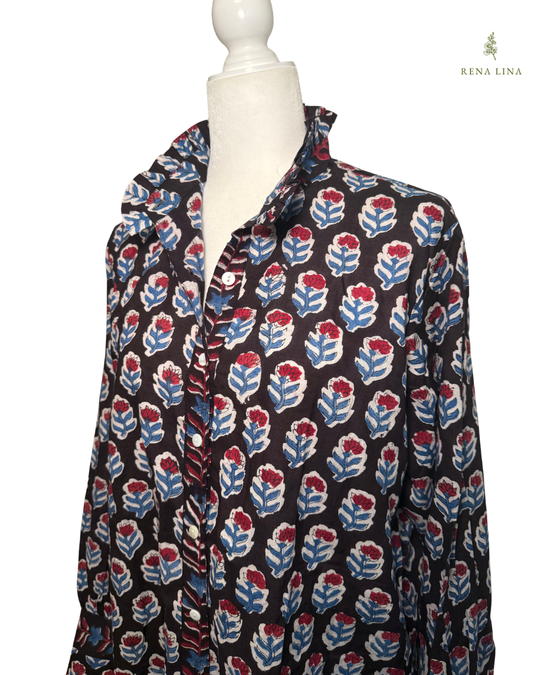 Black, Red & Blue Small Floral Block Print Cotton Blouse with Ruffle Collar