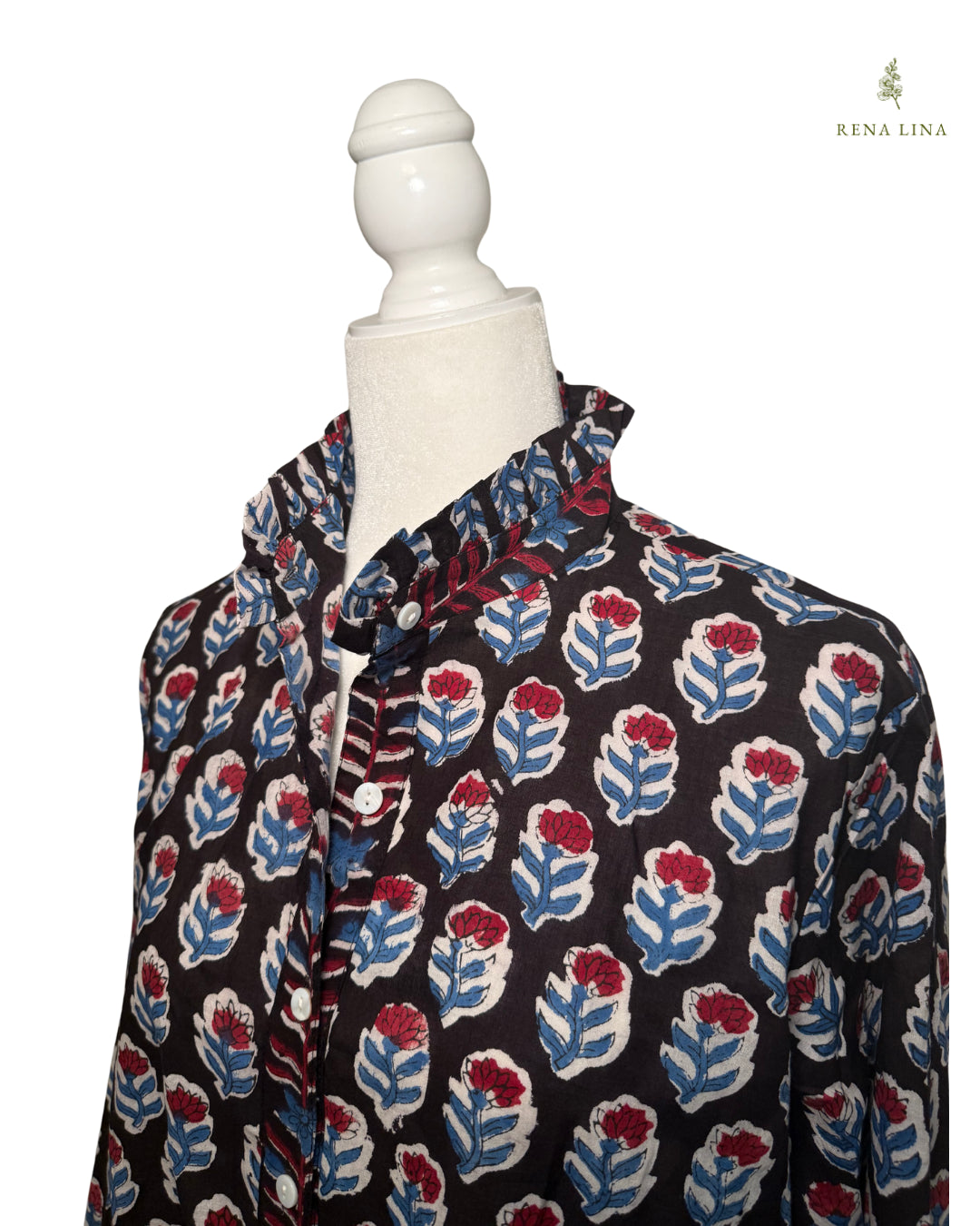 Black, Red & Blue Small Floral Block Print Cotton Blouse with Ruffle Collar