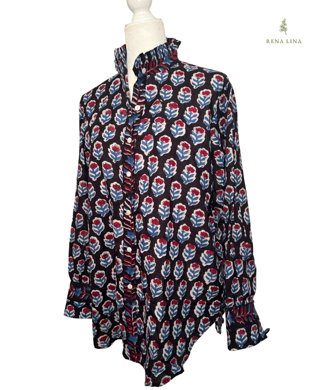 Black, Red & Blue Small Floral Block Print Cotton Blouse with Ruffle Collar
